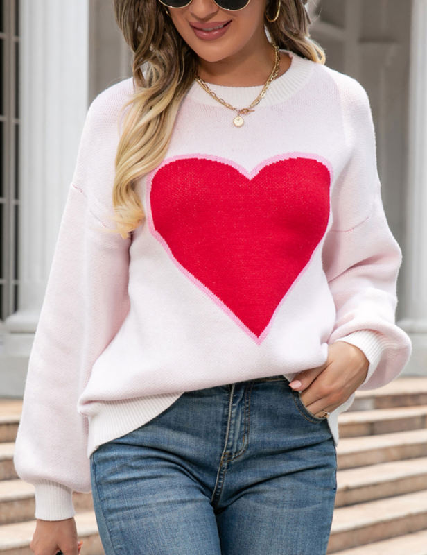 White Heart Graphic Drop Shoulder Valentine Sweater