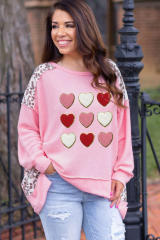 Pink Plus Leopard Patchwork Chenille Heart Graphic Sweatshirt