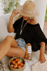 Black Fishnet Knit Ribbed Round Neck Short Sleeve Sweater Tee