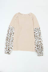Apricot Leopard Print Patchwork Lantern Sleeve Waffle Knit Top