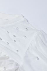 White Pearl Decor Mesh Patchwork Ribbed Long Sleeve Top