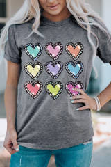 Gray Colorful Heart Shaped Print Crew Neck Casual Tee
