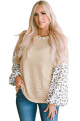 Apricot Leopard Print Patchwork Lantern Sleeve Waffle Knit Top