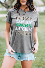 Gray LUCKY Clover Leopard Print Crewneck T Shirt