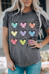 Gray Colorful Heart Shaped Print Crew Neck Casual Tee