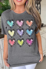 Gray Colorful Heart Shaped Print Crew Neck Casual Tee