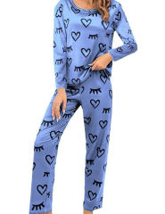 Blue Heart Print Long Sleeve and Pant Lounge Set
