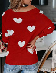 Red V Neck Heart Graphic Knit Sweater
