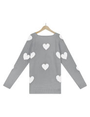 Gray V Neck Heart Graphic Knit Sweater