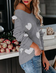 Gray V Neck Heart Graphic Knit Sweater