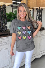 Gray Colorful Heart Shaped Print Crew Neck Casual Tee
