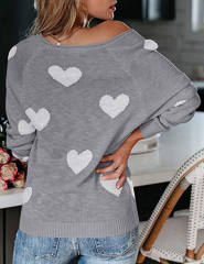 Gray V Neck Heart Graphic Knit Sweater