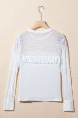 White Pearl Decor Mesh Patchwork Ribbed Long Sleeve Top