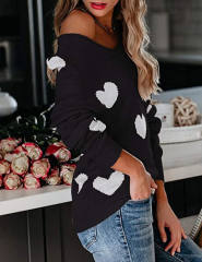 Black V Neck Heart Graphic Knit Sweater