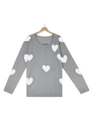 Gray V Neck Heart Graphic Knit Sweater