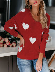 Red V Neck Heart Graphic Knit Sweater