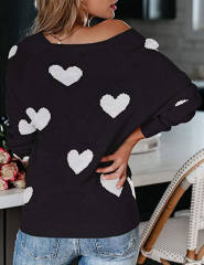 Black V Neck Heart Graphic Knit Sweater