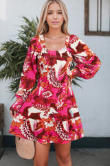 Rose Floral Print Smocked Square Neck Bubble Sleeve Dress