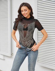 Black Leaf Shape Rhinestones Short Sleeve Bodysuit