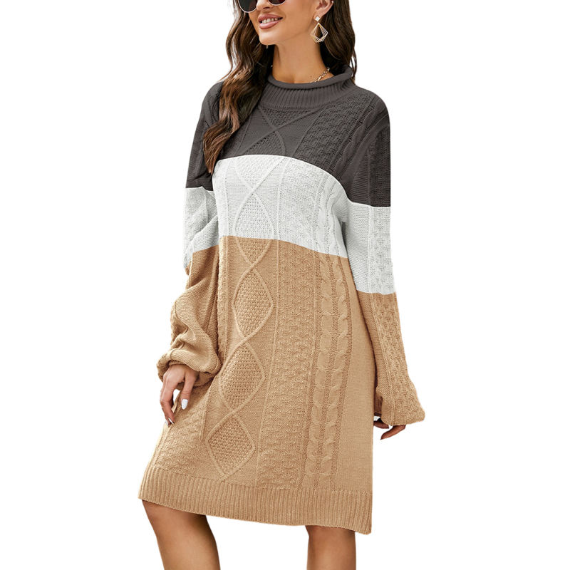 Brown Color Block Long Sleeve Sweater Dress