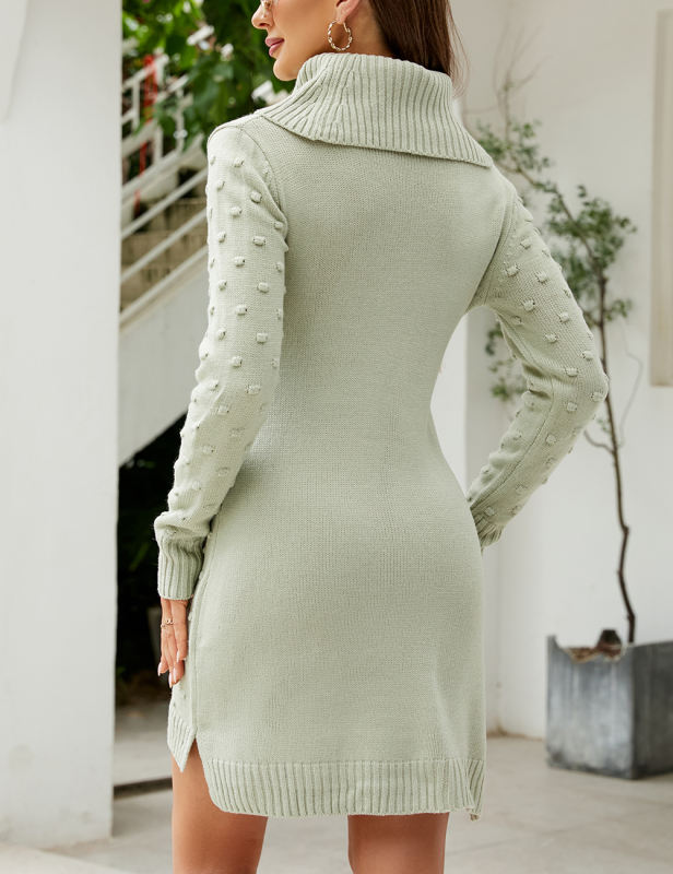 Green Swiss Dot Turtleneck Knit Sweater Dress