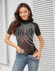 Black Cat Ears Shape Rhinestones Short Sleeve Bodysuit