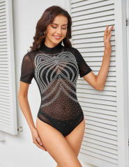 Black Cat Ears Shape Rhinestones Short Sleeve Bodysuit