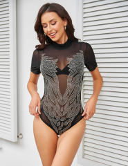 Black Leaf Shape Rhinestones Short Sleeve Bodysuit