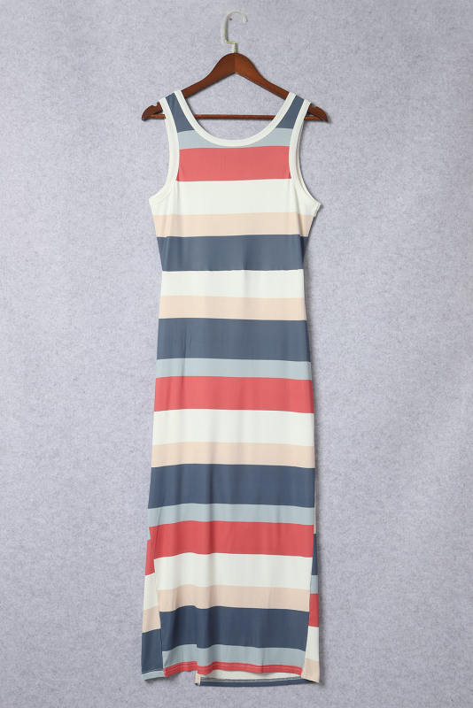 Multicolor Striped Color Block Ribbed Knit Lace-up Slit Tank Dress