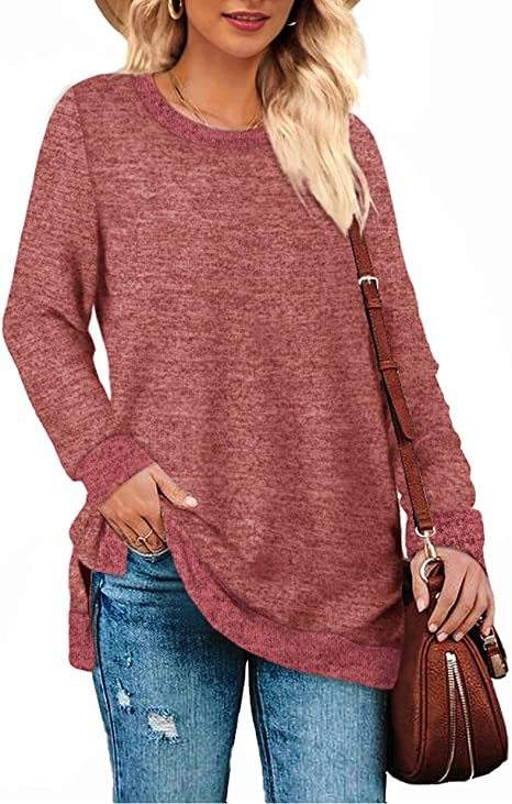 Pink Splicing Side Slits Cotton Blend Long Sleeve Tops