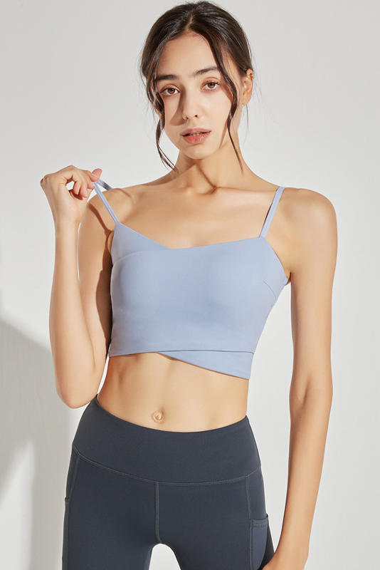 Beau Blue Solid Color Wrapped Spaghetti Straps Active Bra