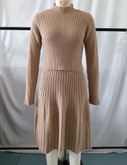Khaki Knitted Sweater and A-line Skirt Set