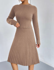 Khaki Knitted Sweater and A-line Skirt Set