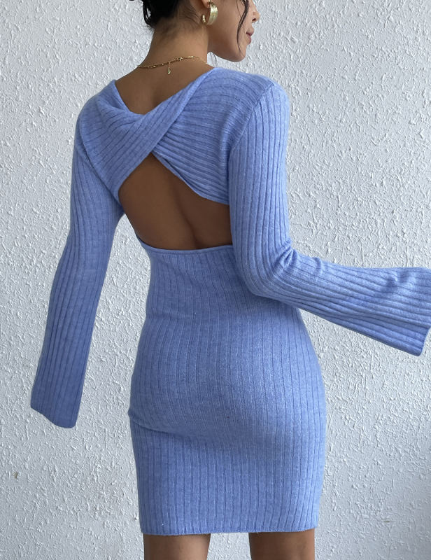 Blue Open Back Sim Fit Bell Sleeve Bodycon Dress