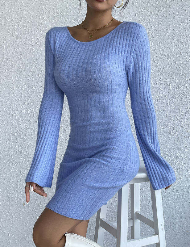 Blue Open Back Sim Fit Bell Sleeve Bodycon Dress