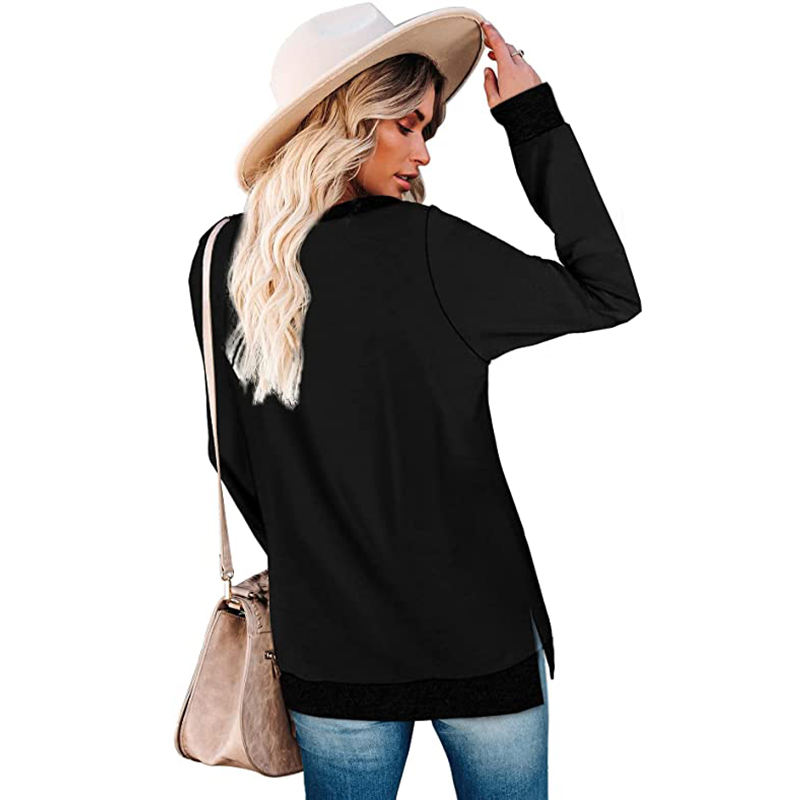 Black Splicing Side Slits Cotton Blend Long Sleeve Tops