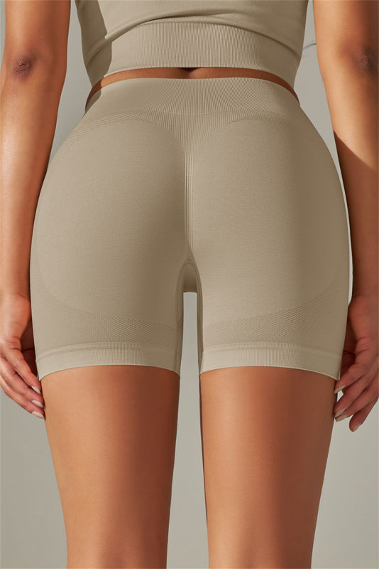 Pale Khaki Solid Color High Waist Tummy Control Active Shorts