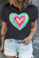 Black Colorful Heart Shaped Print Plus Size T Shirt