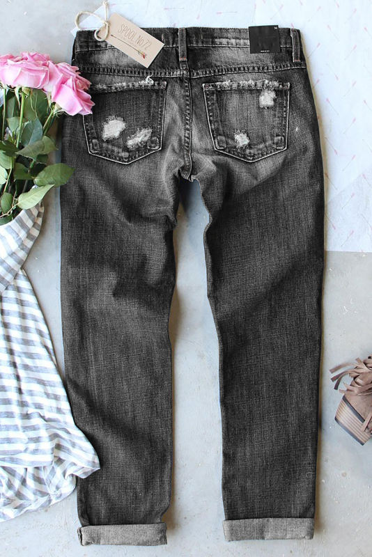 Gray Buttoned Pockets Distressed Jeans