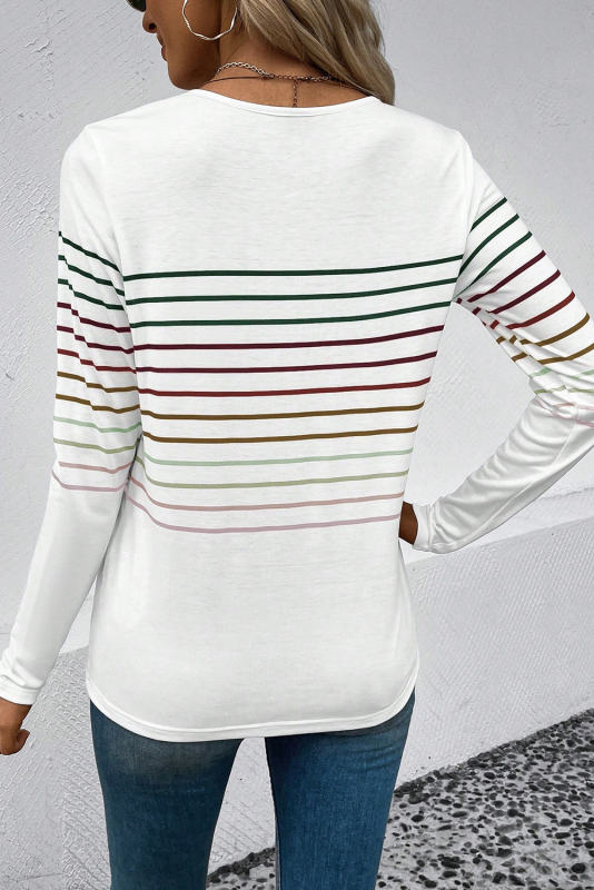 White Multicolor Striped Crew Neck Long Sleeve Top