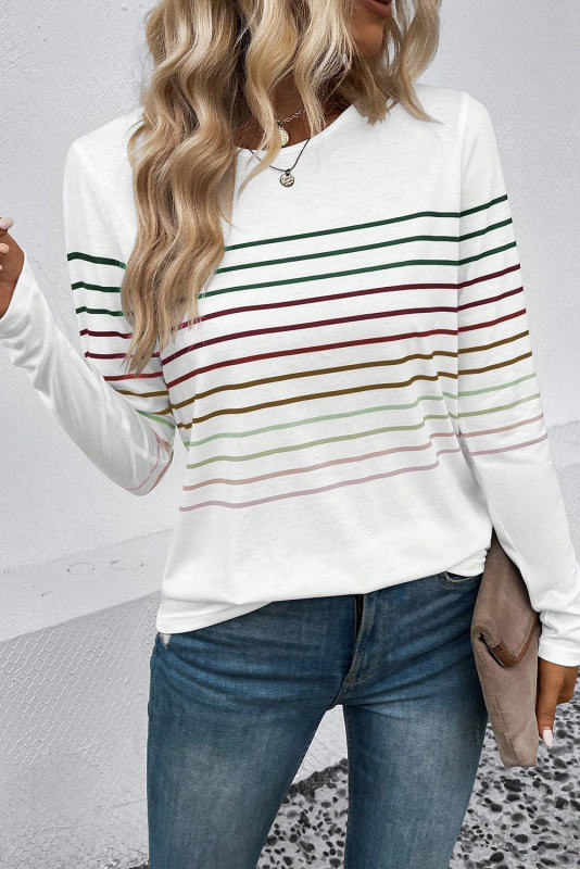 White Multicolor Striped Crew Neck Long Sleeve Top