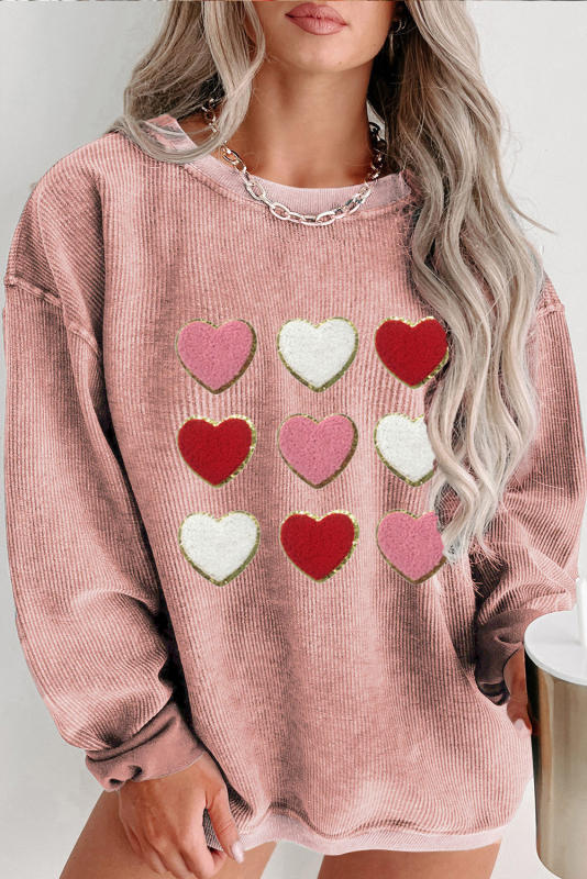 Pink Plus Size Chenille Heart Patch Corded Sweatshirt