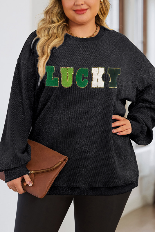 Black Chenille LUCKY Patch Plus Size Corded Sweatshirt