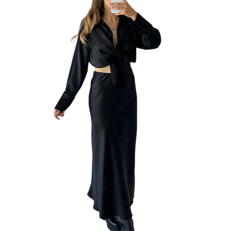 Black Satin Long Sleeve Shirt and High Waist Skirt Set