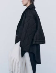 Black Stand Collar Quilted Pocket Coat