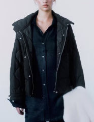 Black Stand Collar Quilted Pocket Coat