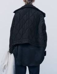 Black Stand Collar Quilted Pocket Coat