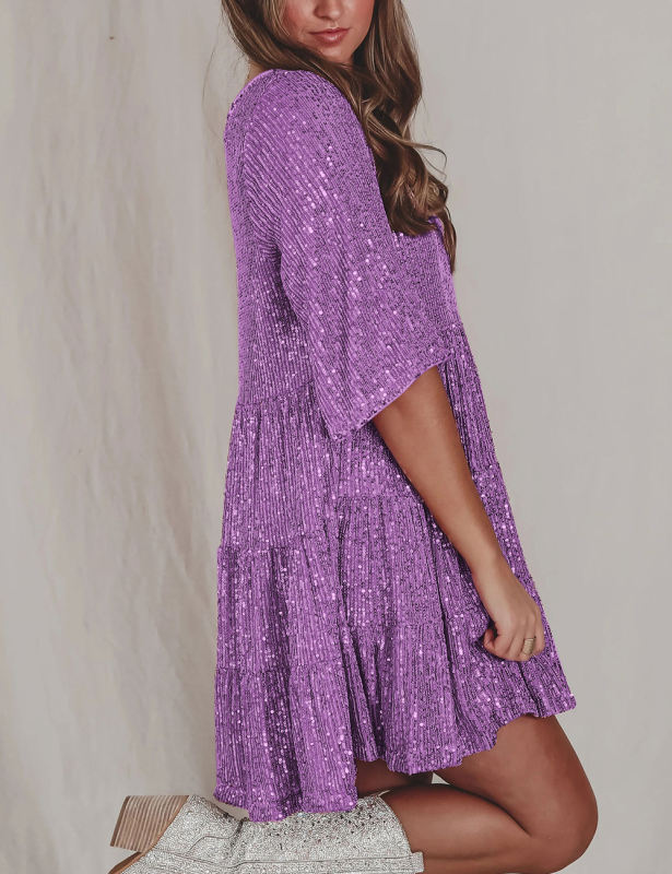 Purple Short Sleeve Sequined Swing Mini Dress