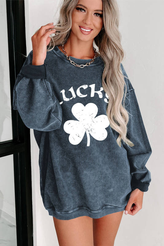 Blue Plus Size LUCKY Clover Graphic Corded Sweatshirt