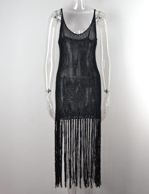 Black Fringe Hollow-out Crochet Knit Beach Cover